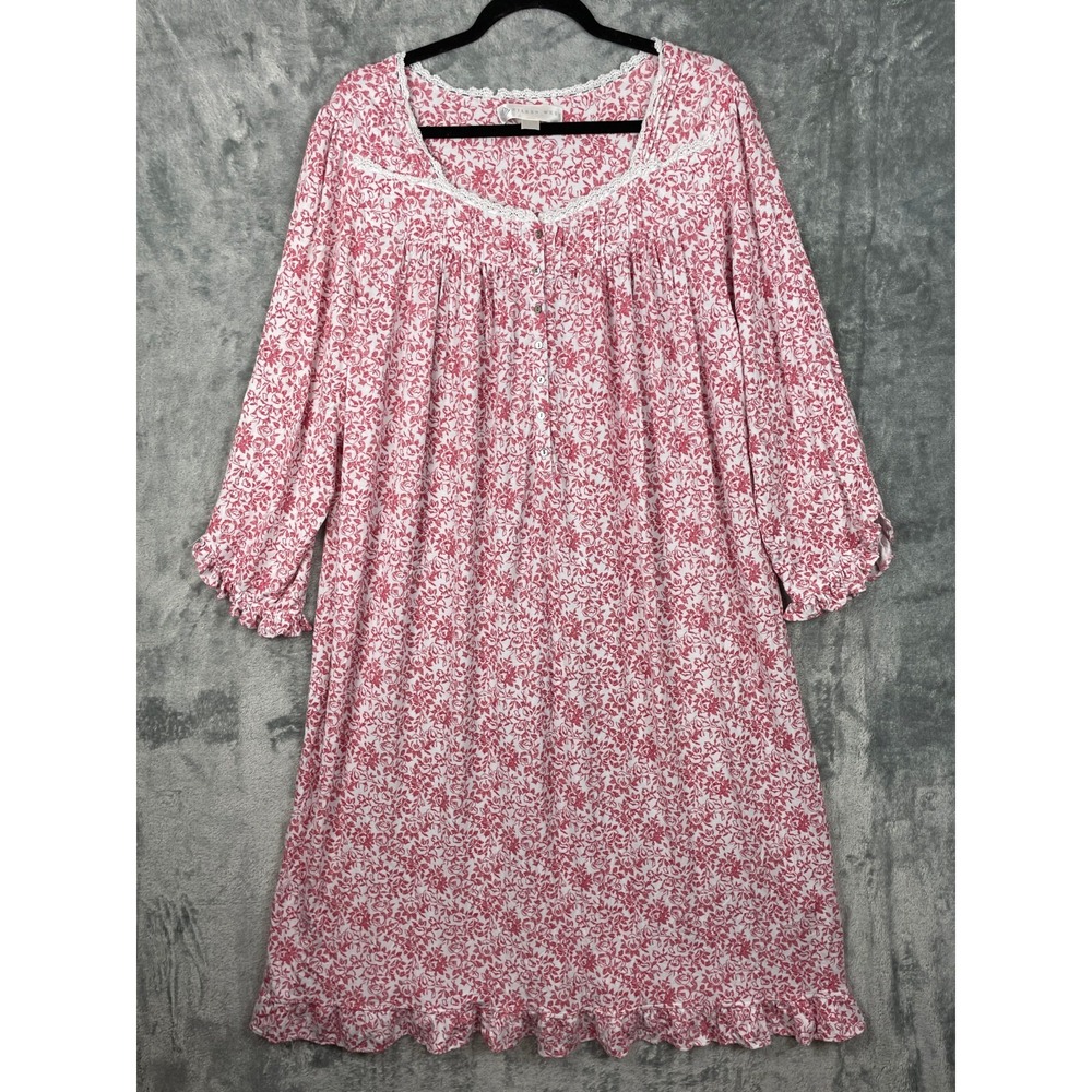 Eileen West Modal Long Sleeve RUFFLED Trim Nightgown Medium M Red Floral Pajamas